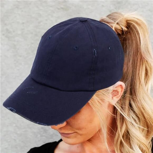 Womens Ponytail Baseball Hat Distressed Retro Adjustable Twill Sun Protection Ca - Picture 2 of 8